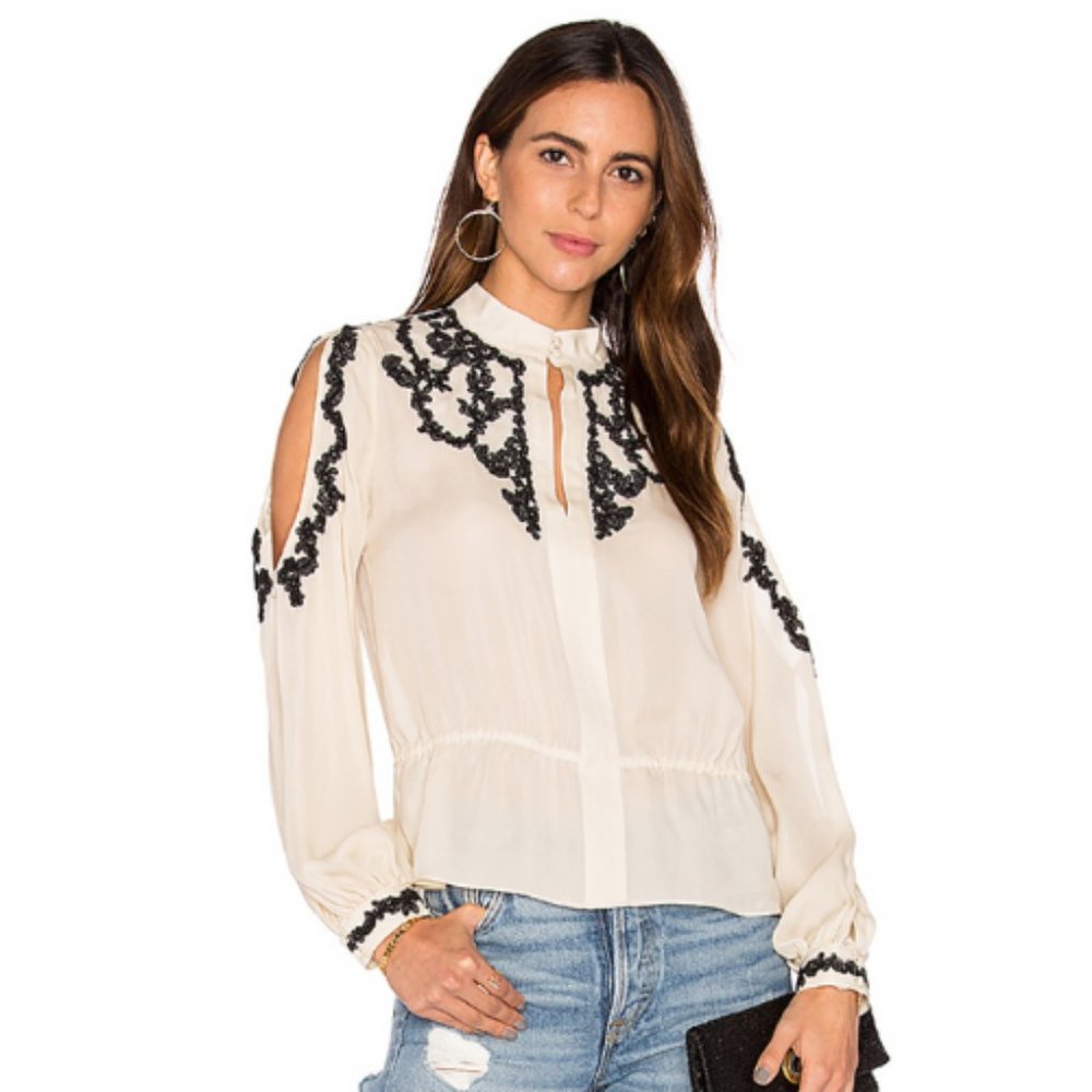 Haute Hippie Embroidered Cold-Shoulder Silk Blouse